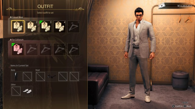 View of Clothing and Outfit Customization Screen in Like a Dragon Gaiden