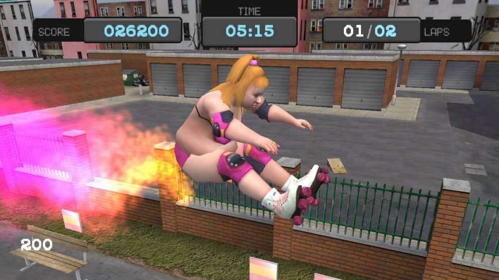 A man dressed as a woman wearing roller-skates and flying in Little Britain: The Video Game for PS2.