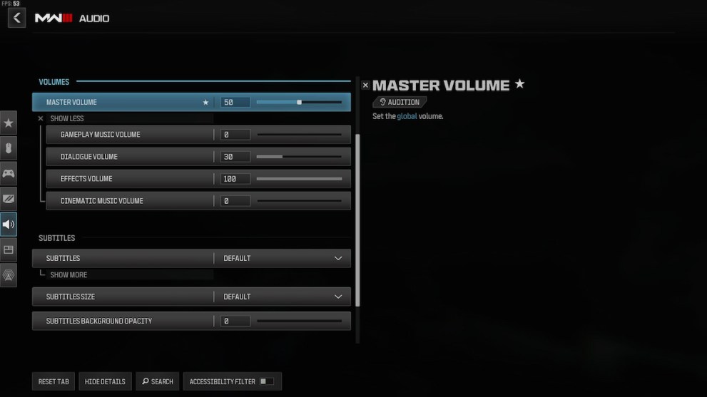 the MW3 audio settings menu