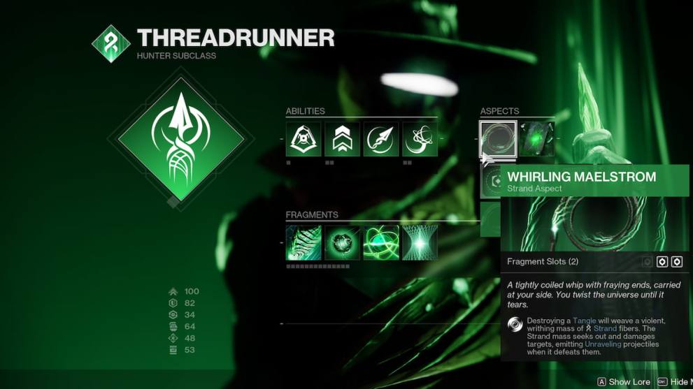 The Strand subclass info screen showing Fragments and Aspects