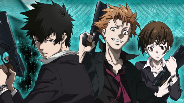 Psycho-Pass Cast Standing Against Blue Background (Best Anime You Can Watch on Hulu)