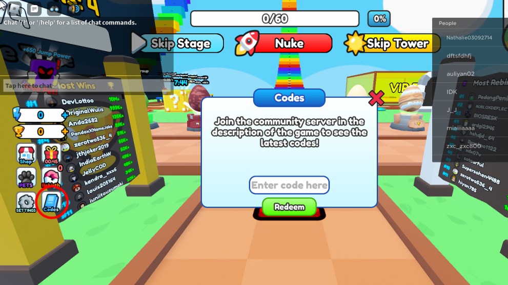 How to Redeem Codes in Roblox Stud Jump Simulator.