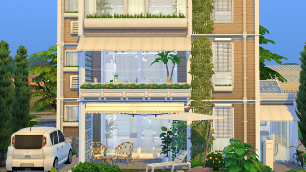 A custom apartment building in The Sims 4.