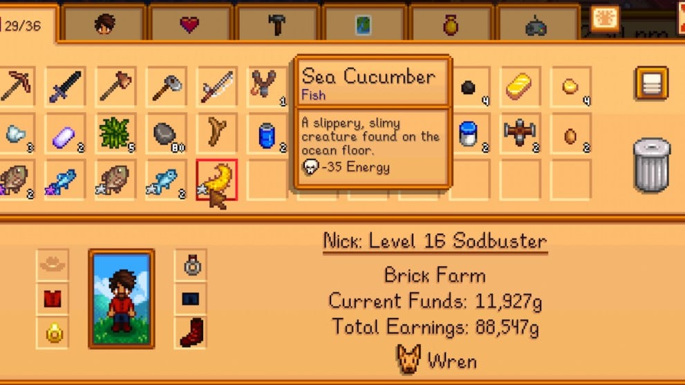 stardew valley sea cucumber inventory