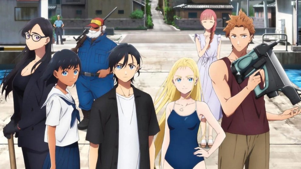 Summer Time Rendering Cast Standing Together on Pier (Best Anime You Can Watch on Hulu)