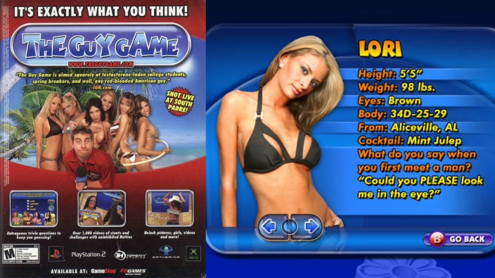 The box art (left) and title card of a girl (right) in The Guy Game for PS2.