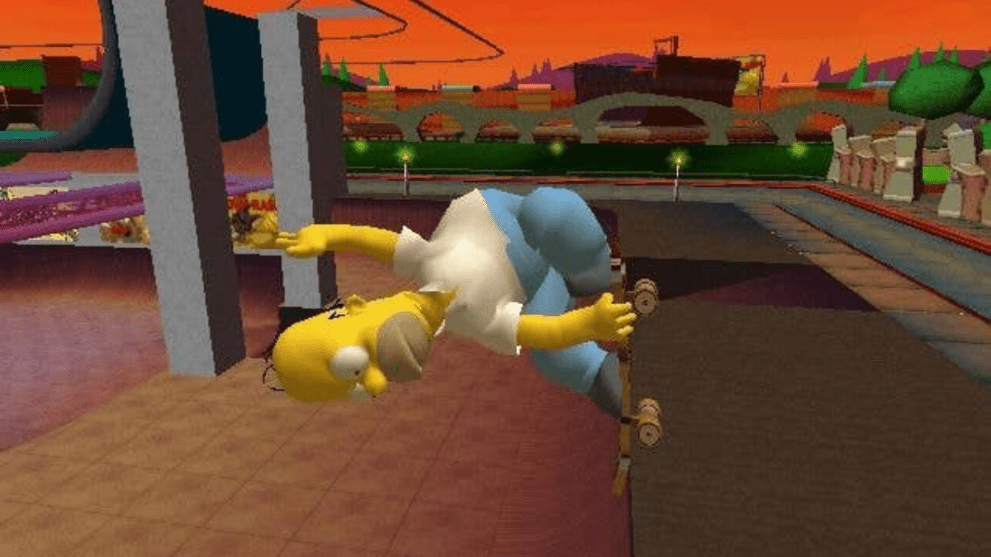 Homer Simpson doing a trick in The Simpsons Skateboarding for PS2.