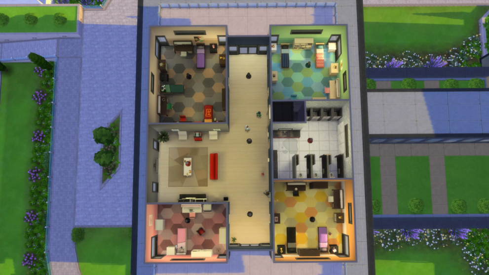 A birds-eye view of the floor plan for the default dorms in The Sims 4 Discover University.