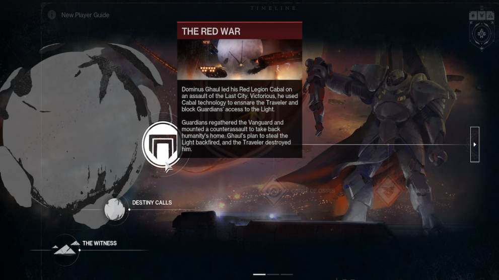 The screen for the first page of the Timeline in Destiny 2