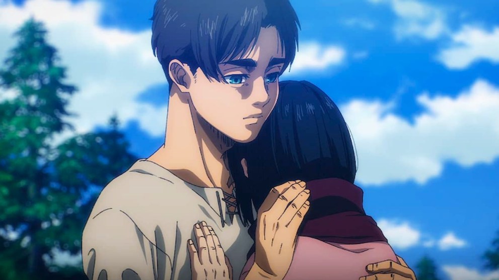 Eren and Mikasa holding each other in Attack on Titan
