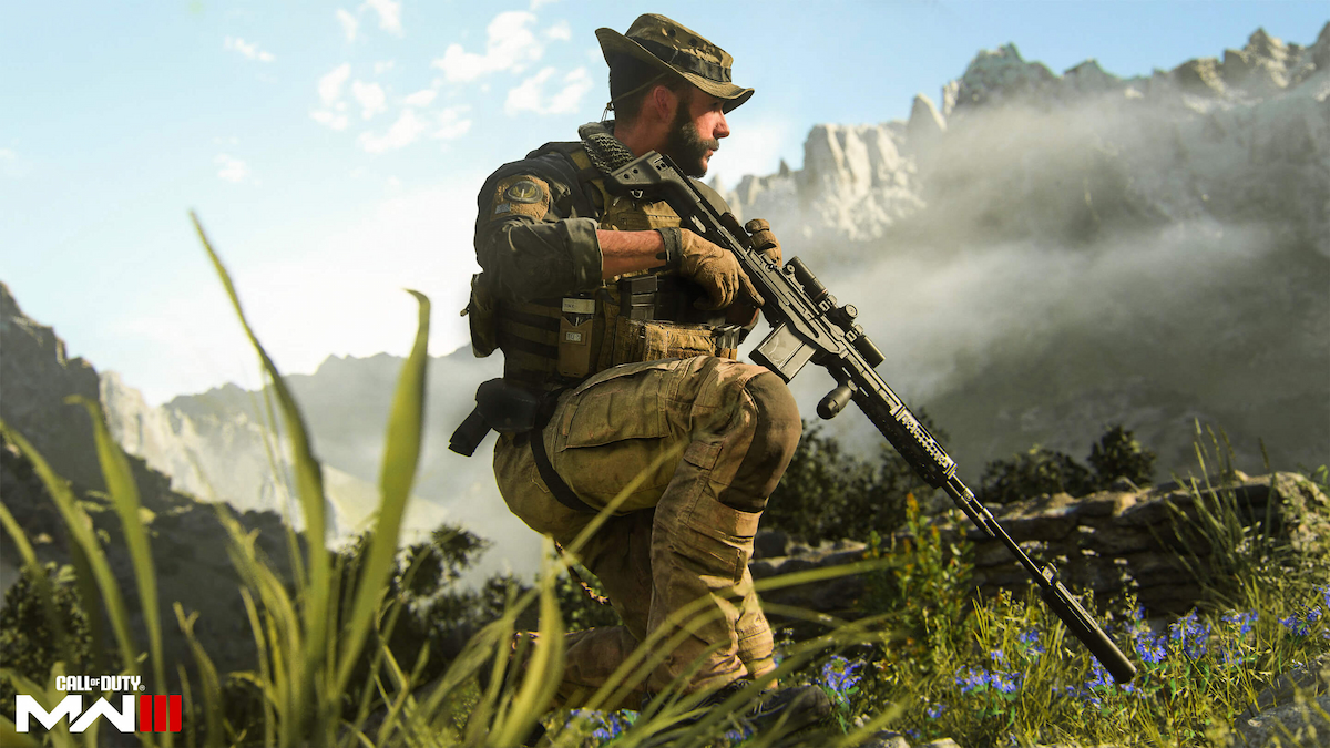 Captain Price kneeling while holding a sniper rifle in MW3.