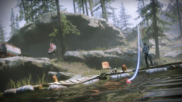 A screenshot of Guardians fishing in Destiny 2