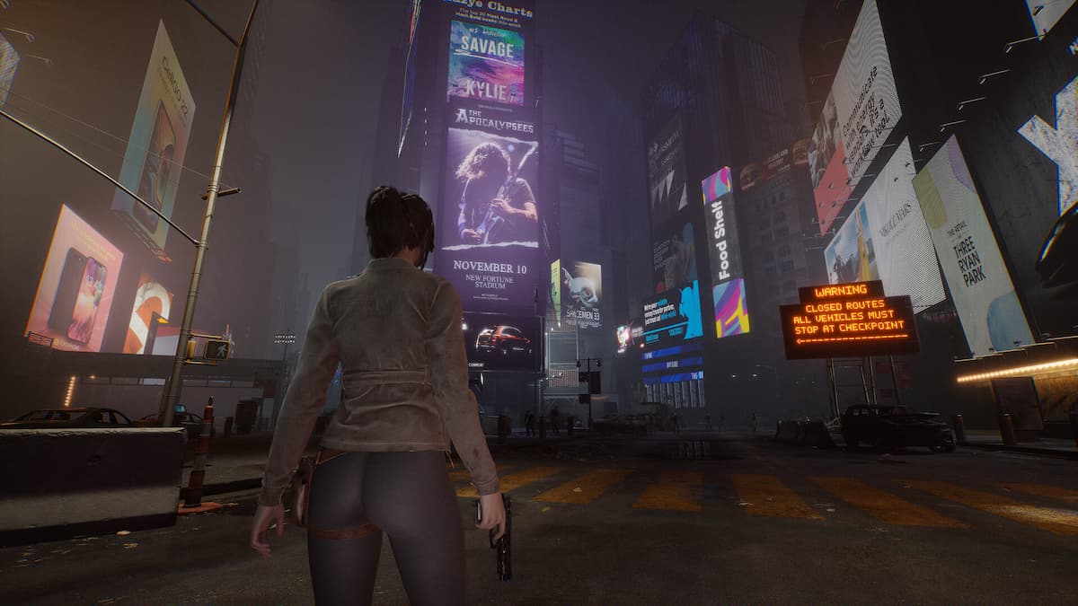 A player looking at a neon skyscraper in The Day Before.