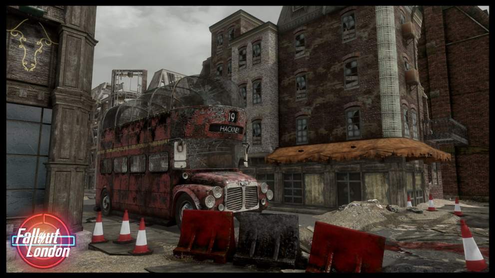 A bus on a city street in Fallout: London