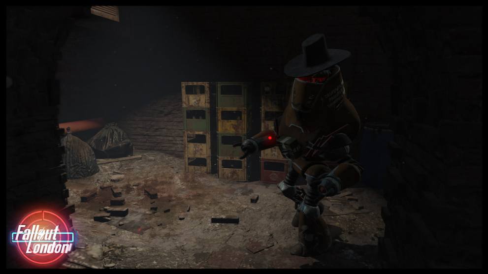 A dusty interior in Fallout: London showing a robot NPC