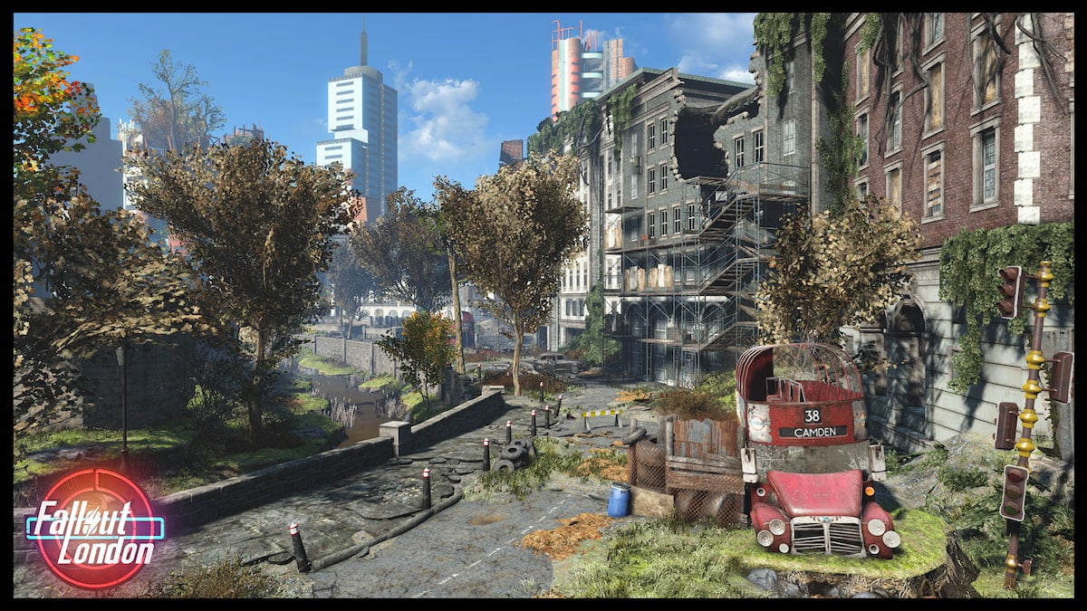 A destroyed city taken back by nature in Fallout: London