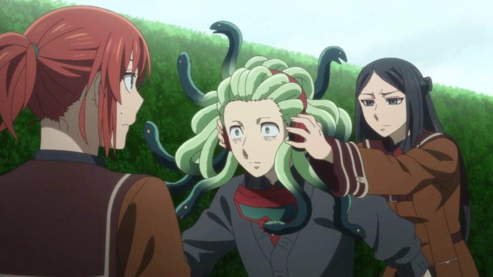 Chise's Friend Putting Headphones on Student With Medusa Hair  in Ancient Magus' Bride (Best Anime of 2023)