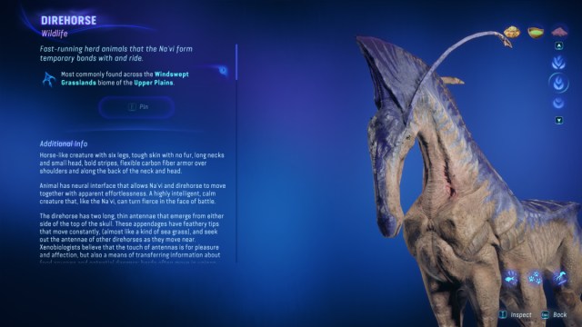 Player viewing Direhorse Information Page in avatar Frontiers of Pandora