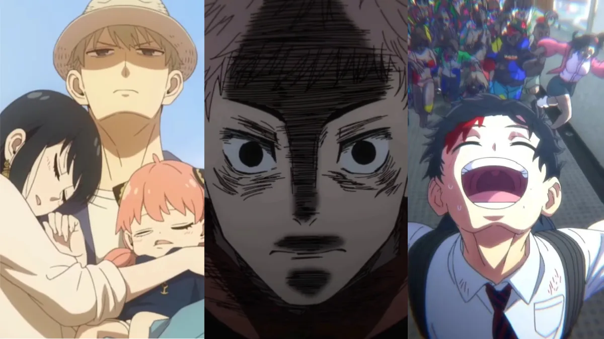 Collage of Spy x Family, Jujutsu Kaisen, and Zom 100 Images (Best Anime Moments of 2023)
