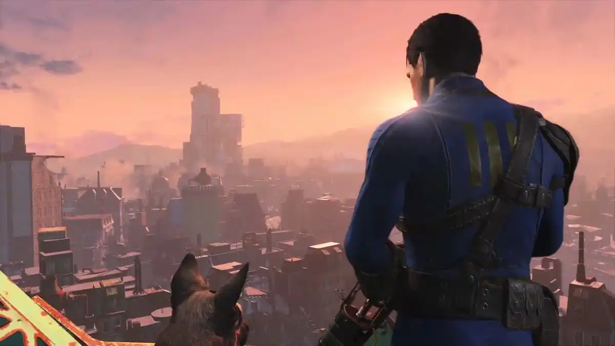 The Fallout 4 protagonist looks out over a settlement with a dog companion.
