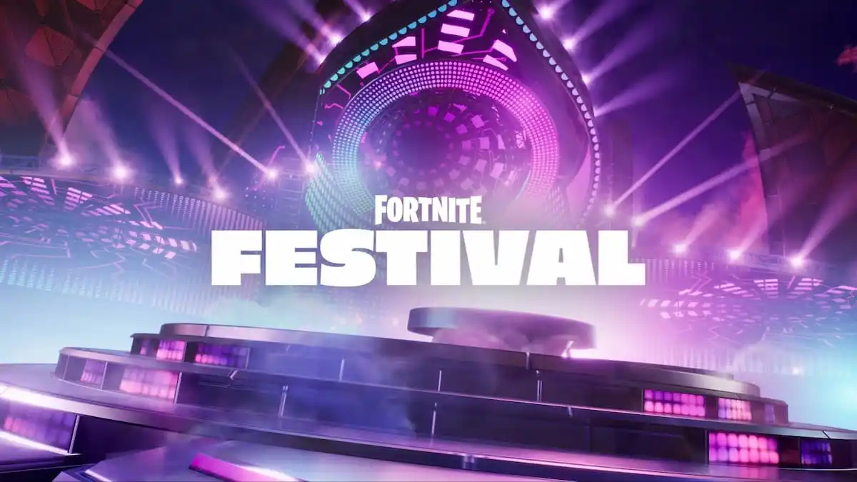 The Fortnite Festival logo against a main stage lit up in purple lights.