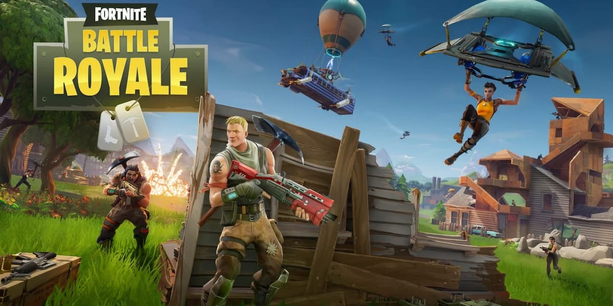 Fortnite characters gliding in and hiding behind walls on a poster.