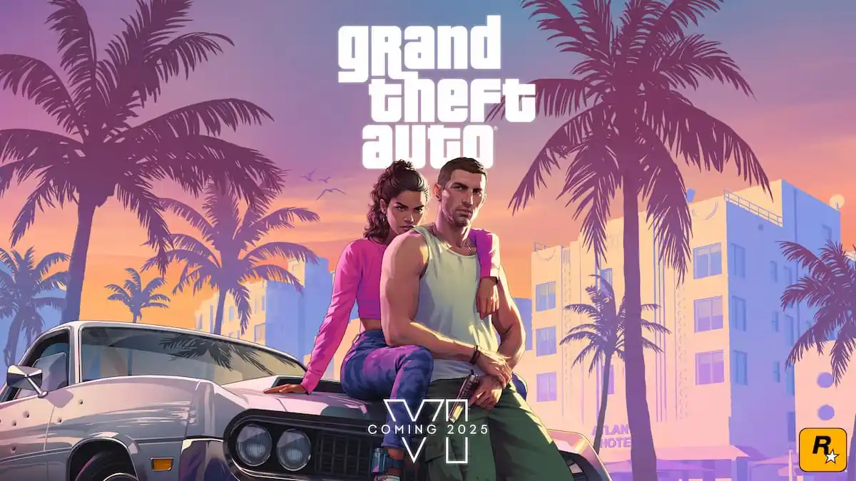 Lucia and Jason sit on a car with palm trees behind them below the GTA 6 logo.