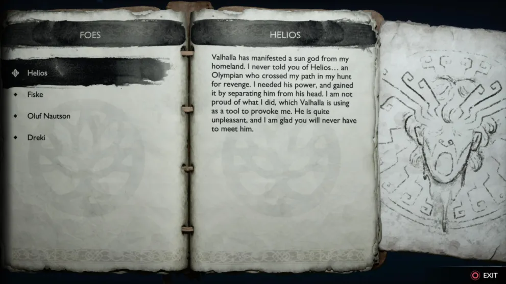 A book showing the Helios listing in God of War Ragnarok Valhalla.