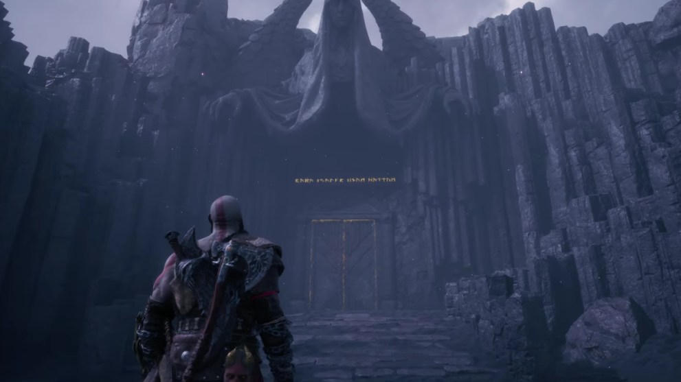 Kratos and Mimir Approaching Stone Doors in God of War Ragnarok Valhalla Story Opening Cutscene