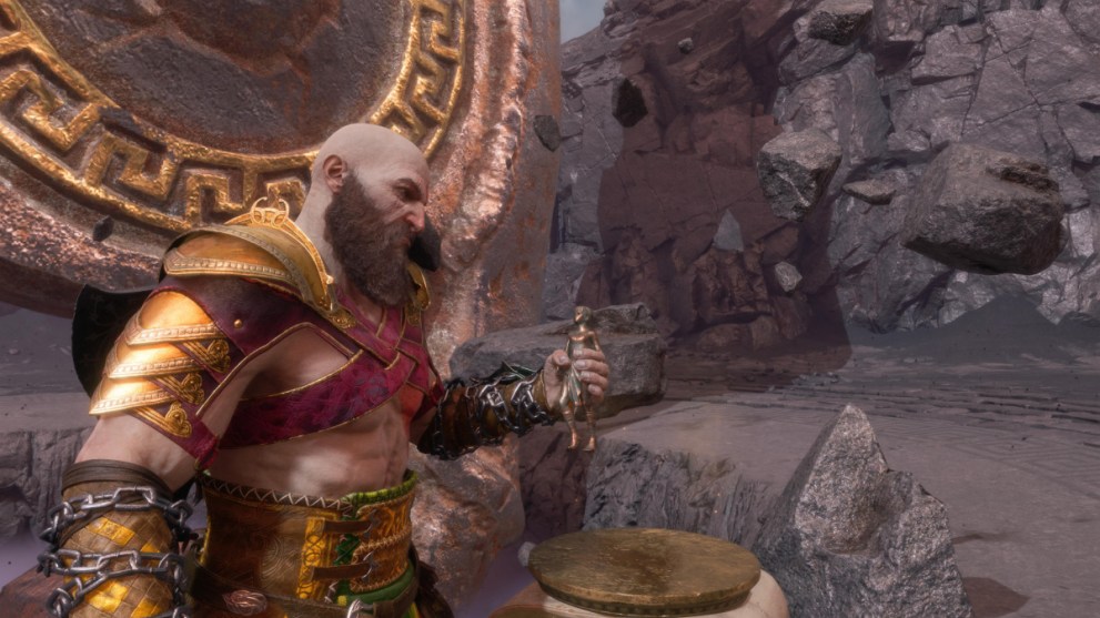 Kratos Holding Statue of Pandora in God of War Ragnarok Valhalla Story Cutscene
