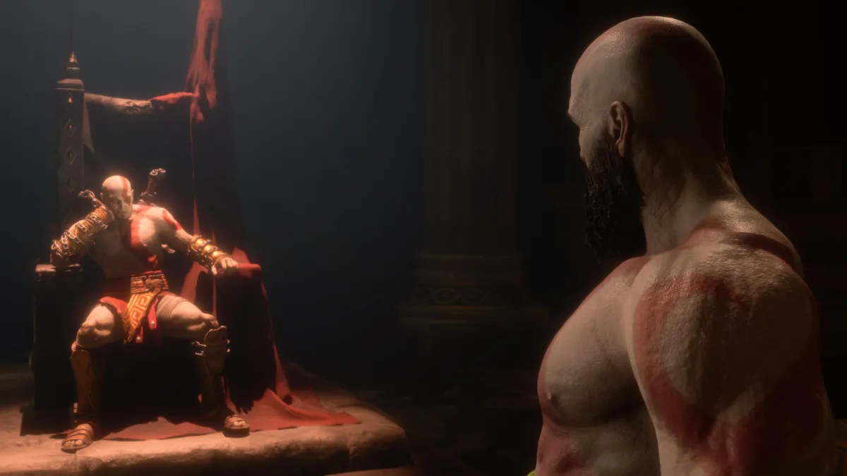 Kratos Facing Younger Self on Ares' Throne During God of War Ragnarok Valhalla Ending