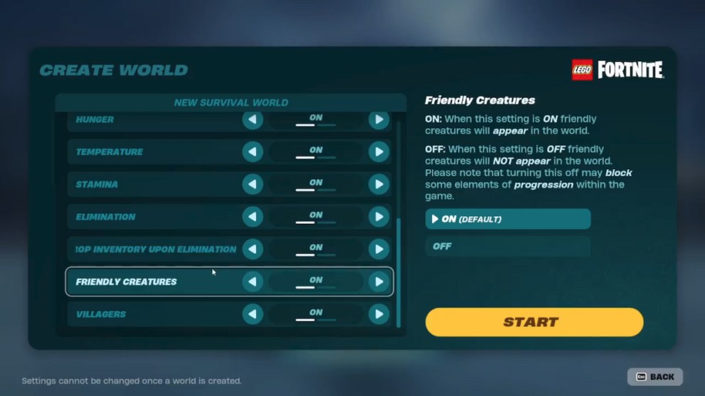 LEGO fortnite advanced world settings create world menu