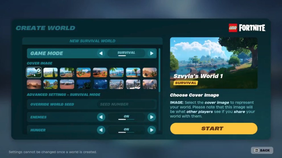 LEGO fortnite create world menu