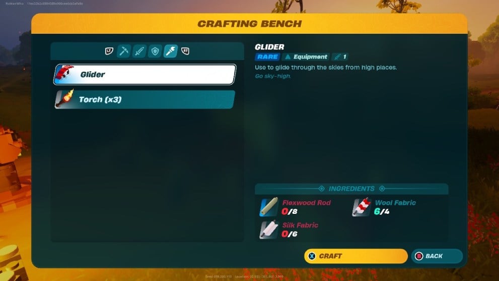 The Crafting Bench displaying a glider in LEGO Fortnite.