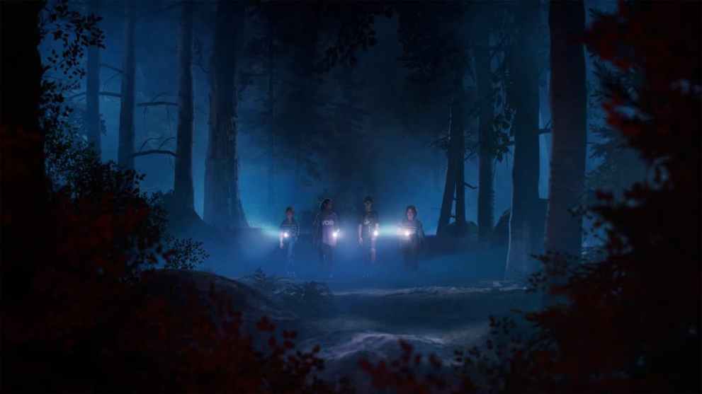 The four protagonists of Lost Records: Bloom and Rage walking through some dark woods.