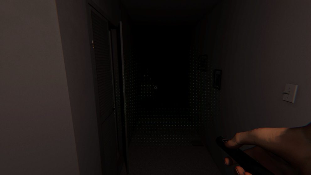 A screenshot of Phasmophobia inside a two-story house with a laser device to see ghosts
