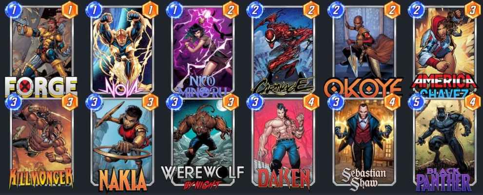 A range of cards in Marvel Snap.
