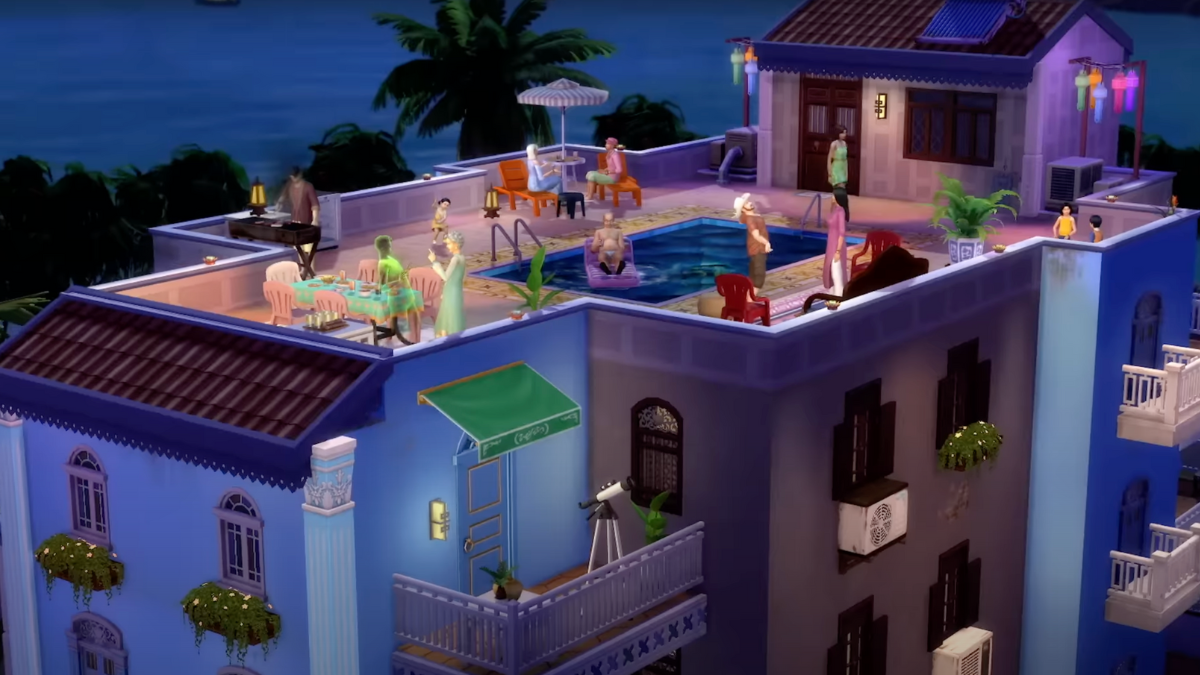 A group of Sims having a party on the roof of a Residential Rental lot in The Sims 4 For Rent.