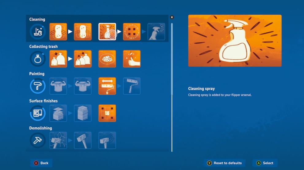 The perk screen showing the cleaning perks in House Flipper 2