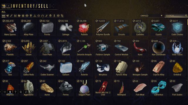 The inventory page in Warframe