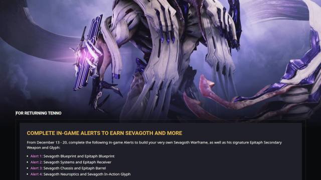 The event on the Warframe website that shows players can unlock Sevagoth during the Whispers in the Walls update