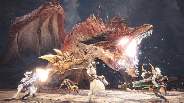 An in-game screenshot of Monster Hunter: World of players fighting a large monster