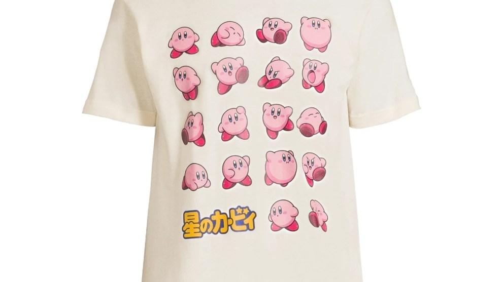 A Kirby shirt with various pink friends to poyo with
