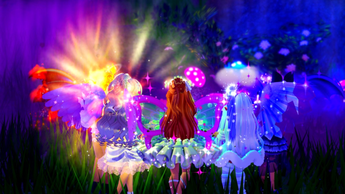 A group of magical characters looking at a glowing light in Royale High.