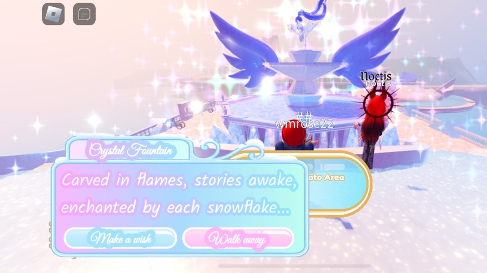 The player character at the crystal fountain in Royale High.