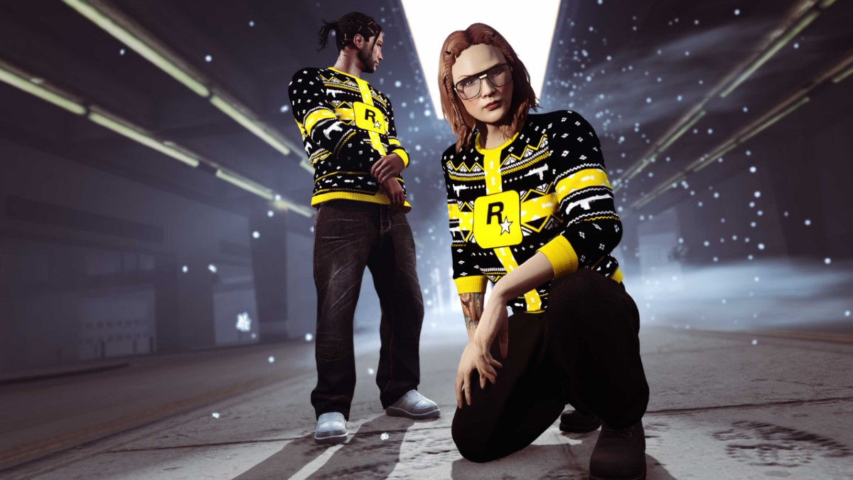 Two GTA Online characters wearing festive jumpers