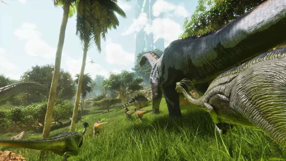 A dinosaur roaming in a grassy field in Ark Survival Ascended.