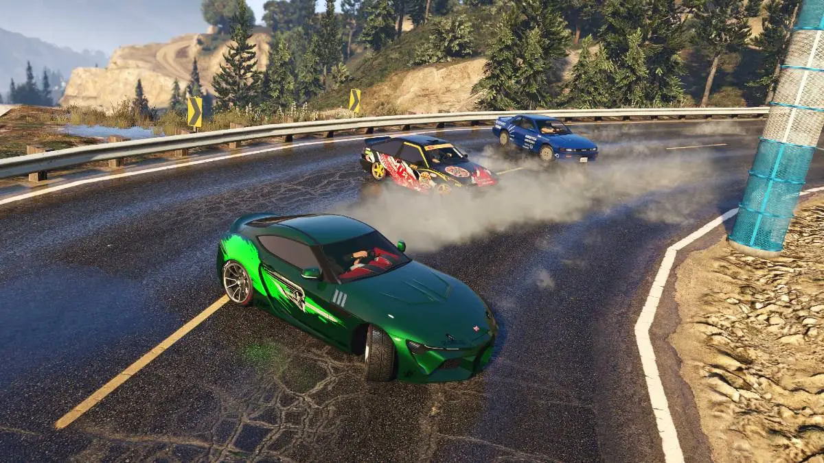 Three cars drifting in a GTA Online race