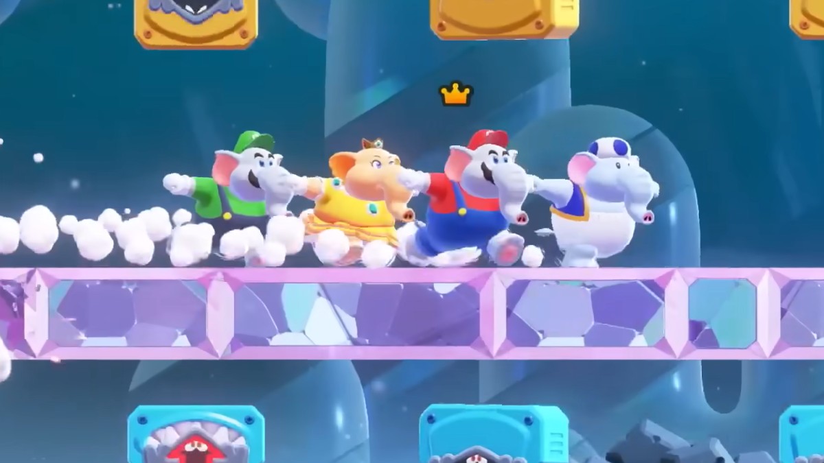 Luigio, Mario, Peach, and Toad as elephants in Super Mario Bros. Wonder
