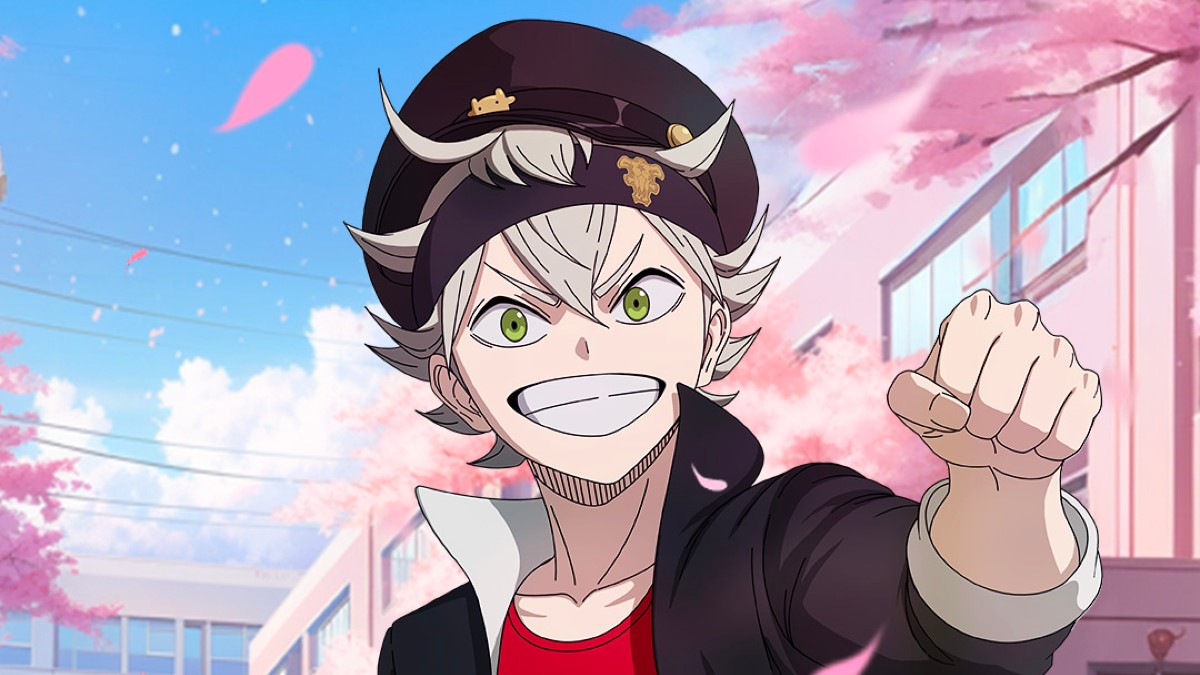A Black Clover M character punching while grinning at the camera.